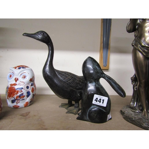 441 - TWO BRONZE EFFECT ANIMALS - DUCK AND RABBIT