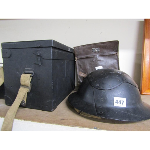 447 - WORLD WAR TIN HELMET, GAS MASK, BOX