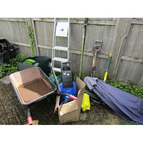 998 - WHEELBARROW, STEPS, GARDEN TOOLS, PRESSURE WASHER ETC