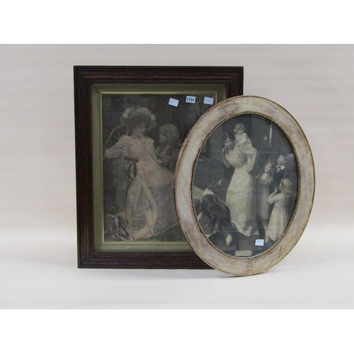 1131 - TWO FRAMED 19C PRINTS - LADY WITH CHILDREN AND DOG & LADY SEATED WITH ADMIRER, 50CM X 40CM & 53CM X ... 