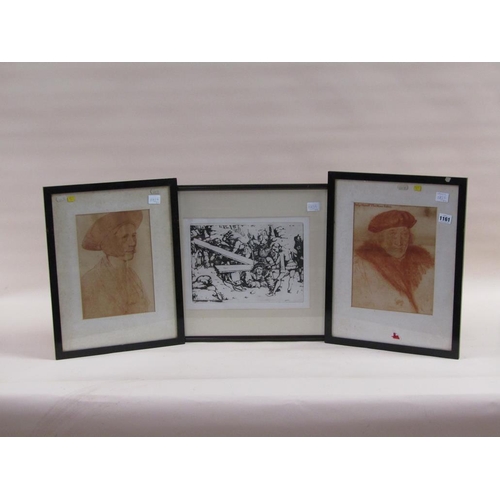 1161 - THREE FRAMED COLOURED PRINTS - 16C SUBJECTS; B&W COLOURED PRINT - THE CRUCIFIXION