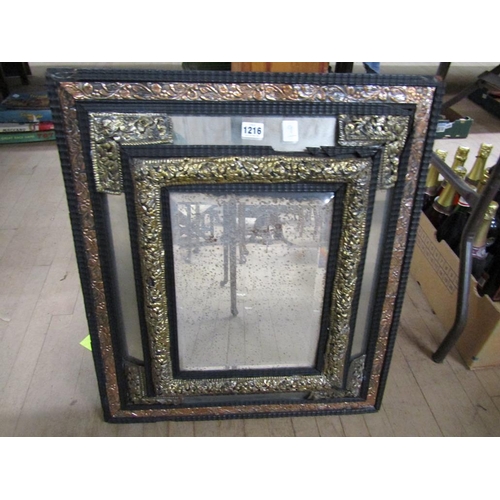 1216 - GILT PAD WALL MIRROR WITH COPPER AND BRASS BORDERS, 68CM X 58CM