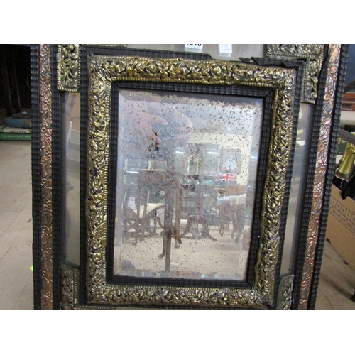 1216 - GILT PAD WALL MIRROR WITH COPPER AND BRASS BORDERS, 68CM X 58CM