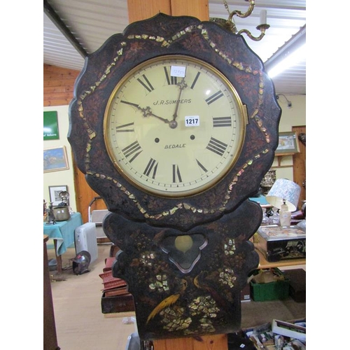 1217 - JR SUMMERS OF BEDALE PAPIER MACHE PENDULUM WALL CLOCK WITH PAINTING AND MOTHER OF PEARL DECORATION, ... 