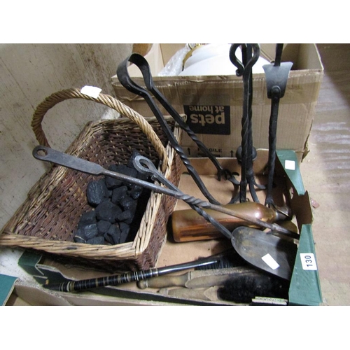 130 - CAST IRON FIRESIDE COMPANION SET; WICKER BASKET; TOOLS ETC