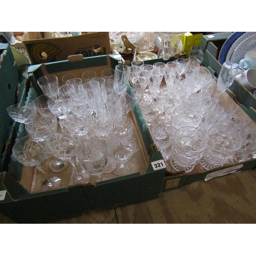 321 - TWO BOXES OF CRYSTAL GLASSWARES, WINES, CHAMPAGNES ETC.