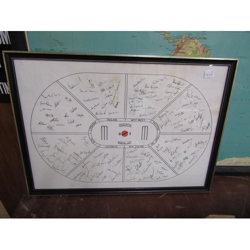 363 - SIGNED CRICKET PRINT AND A MAP OF THE WORLD