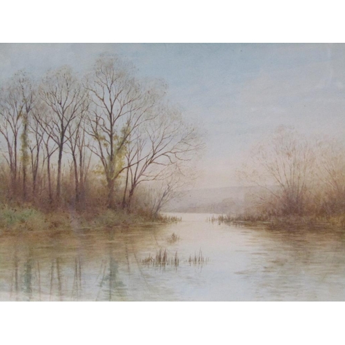 1113 - H ASHDOWN BOX - A PEACEFUL AUTUMN LAKE SCENE, SIGNED WATERCOLOUR, F/G, 24CM X 34CM