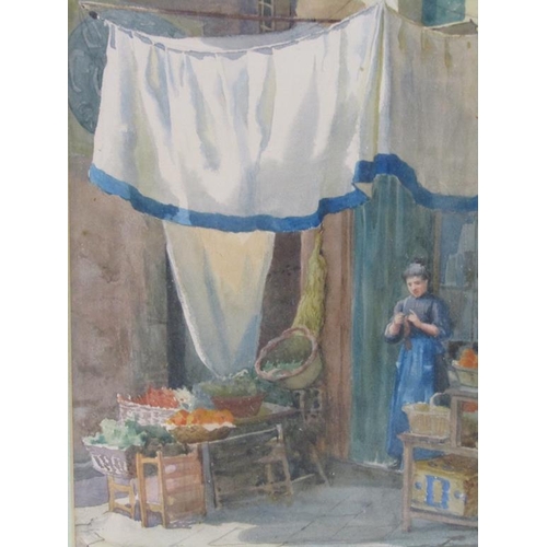 1118 - E REASON - LADY AT HER FRUIT STALL, SIGNED WATERCOLOUR, F/G, 30CM X 22CM