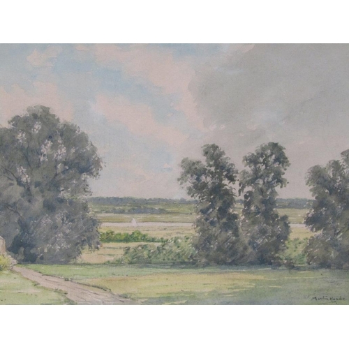 1119 - MARTIN HARDIE - PASTORAL LANDSCAPE WITH COTTAGE, SIGNED WATERCOLOUR, F/G, 25CM X 36CM