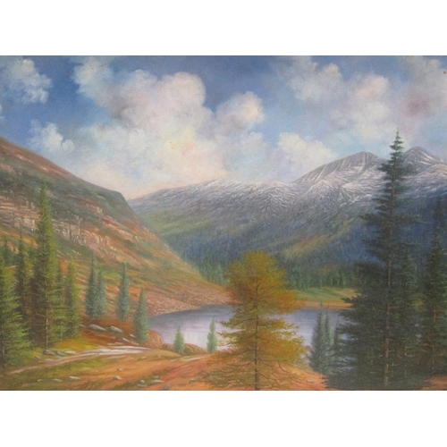 1124 - R MARSHALL - MOUNTAINOUS LANDSCAPE WITH LAKE, SIGNED OIL ON CANVAS, FRAMED, 50CM X 74CM