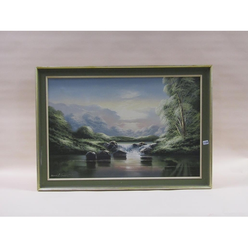 1128 - DAVID A JAMES 81 - WINTER LAKE WITH WATERFALL, SIGNED OIL ON CANVAS, FRAMED, 60CM X 90CM