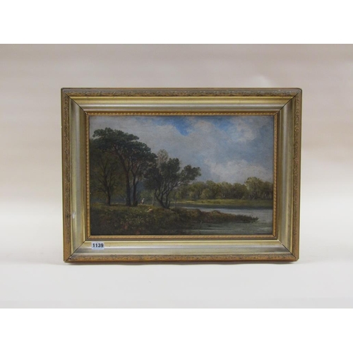 1139 - UNSIGNED 19C - FIGURES GATHERING FLOWERS CLOSE TO RIVER, OIL ON BOARD, FRAMED, 30CM X 45CM