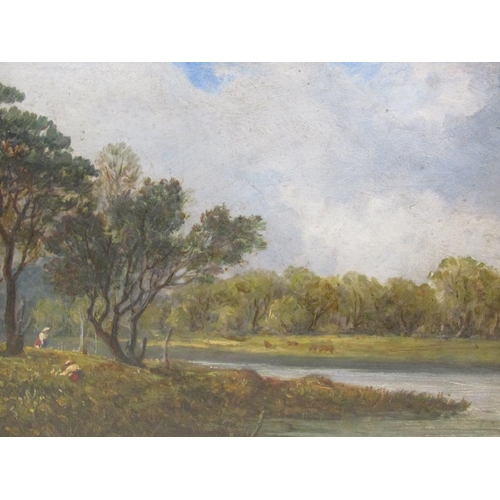 1139 - UNSIGNED 19C - FIGURES GATHERING FLOWERS CLOSE TO RIVER, OIL ON BOARD, FRAMED, 30CM X 45CM