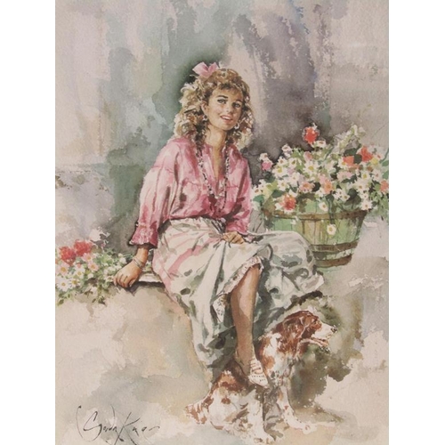 1147 - GORDON KING - PORTRAIT OF A LADY WITH HER DOG, SIGNED COLOURED PRINT, F/G, 40CM X 30CM