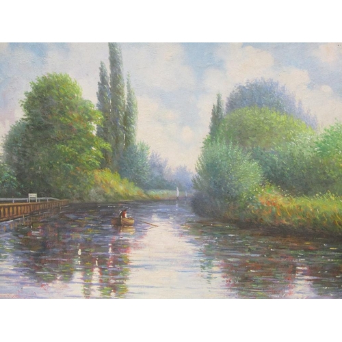 1151 - R MARSHALL - BOATING ON THE RIVER, SIGNED OIL ON CANVAS, FRAMED, 40CM X 50CM