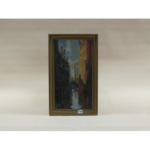 1152 - GENEVIVE ROBERTS - VENETIAN WATERWAY, SIGNED OIL ON CANVAS, FRAMED, 45CM X 24CM