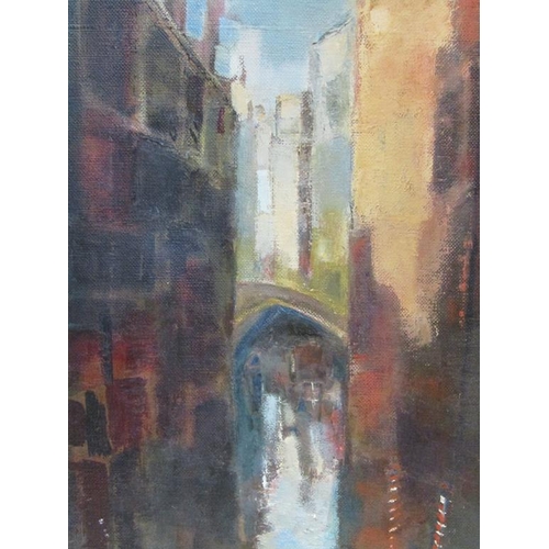 1152 - GENEVIVE ROBERTS - VENETIAN WATERWAY, SIGNED OIL ON CANVAS, FRAMED, 45CM X 24CM