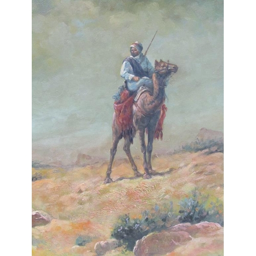 1158 - D J HARRIS - ARAB RIDING A CAMEL, SIGNED OIL ON CANVAS, UNFRAMED, 60CM X 50CM