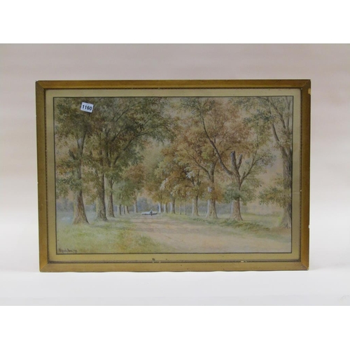 1160 - ALFRED BOX 79 - SHEPHERD WITH HIS FLOCK IN AN AVENUE OF TREES, SIGNED WATERCOLOUR, F.G, 43CM X 65CM