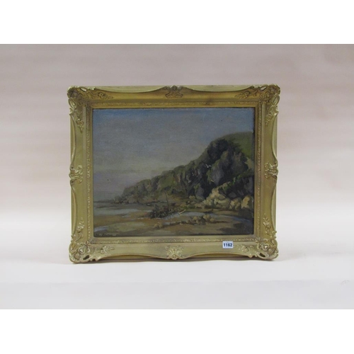 1162 - PERCY F FULLER - COASTAL SETTING WITH CLIFFS AND MOORED BOATS, SIGNED OIL ON BOARD, FRAMED, 40CM X 5... 