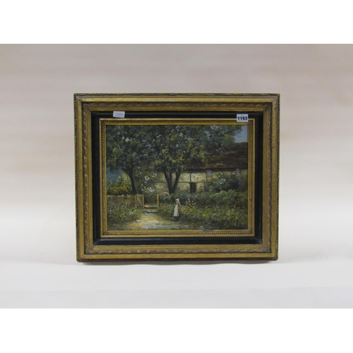 1163 - UNSIGNED 19C - TWO GIRLS IN A GARDEN SETTING OUTSIDE A TIMBER COTTAGE, OIL ON CANVAS, FRAMED, 29CM X... 