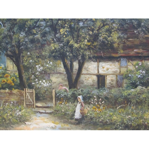 1163 - UNSIGNED 19C - TWO GIRLS IN A GARDEN SETTING OUTSIDE A TIMBER COTTAGE, OIL ON CANVAS, FRAMED, 29CM X... 