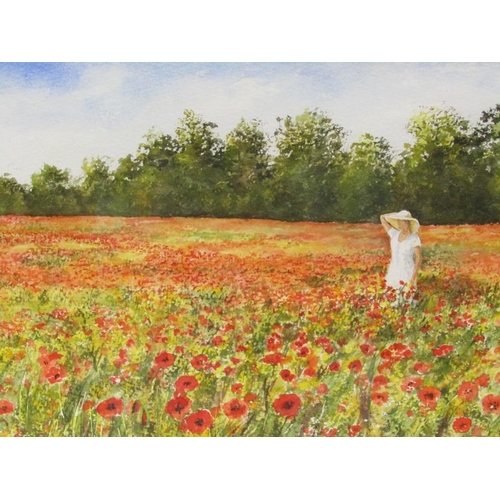 1167 - M JAY - GIRL IN A POPPY FIELD, SIGNED WATERCOLOUR, F/G, 25CM X 44CM