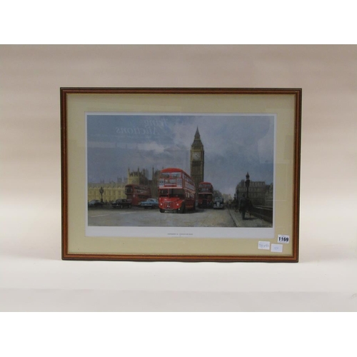 1169 - DAVID SHEPHERD - WESTMINSTER 66, LONDON RED BUSES, FRAMED COLOURED PRINT, F/G, 34CM X 52CM