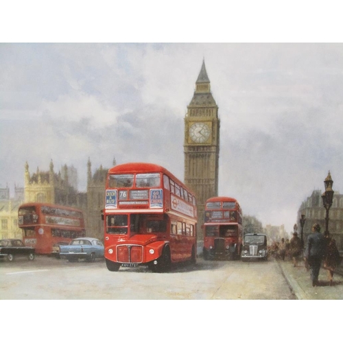 1169 - DAVID SHEPHERD - WESTMINSTER 66, LONDON RED BUSES, FRAMED COLOURED PRINT, F/G, 34CM X 52CM