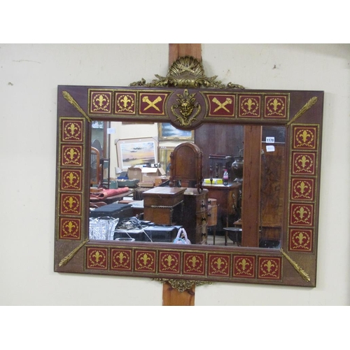 1178 - ORNATE FRENCH STYLE WALL MIRROR WITH ORMOLU MASK AND SHELL PEDIMENT, HAVING FLEUR D'LYS AND QUIVERS ... 