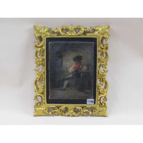 1189 - ADOLF PIERRE LELEUX 1812/1891 - THE VIOLINIST, SIGNED OIL ON CANVAS MOUNTED ON A CARVED & GILDED ON ... 