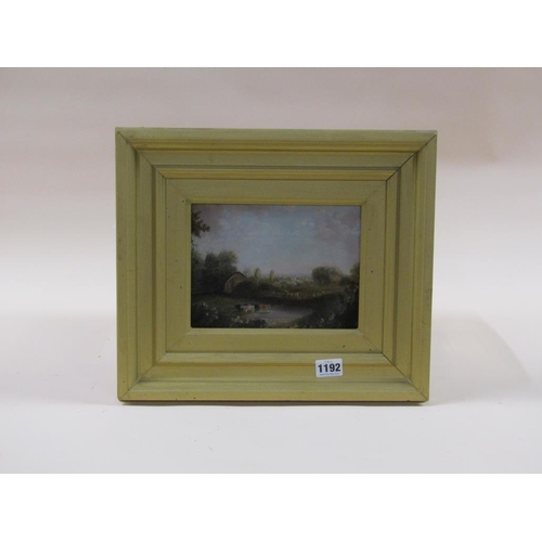 1192 - UNSIGNED 19C CATTLE CLOSE TO A POND, OIL ON CANVAS, FRAMED, 15CM X 20CM