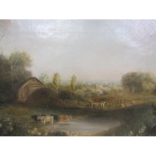 1192 - UNSIGNED 19C CATTLE CLOSE TO A POND, OIL ON CANVAS, FRAMED, 15CM X 20CM