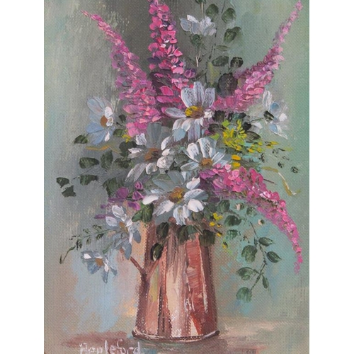 1195 - APPLEFORD - COPPER JUG OF FLOWERS, SIGNED OIL ON PANEL, FRAMED 23CM X 17CM