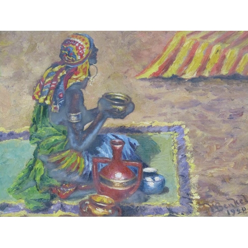 1203 - W BENKEL - ARAB LADY SELLING, SIGNED AND DATED 1920, OIL ON PANEL, FRAMED, 15CM X 20CM