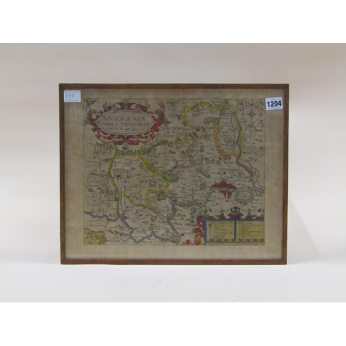 1204 - F/G ANTIQUE COLOURED MAP OF MIDDLESEX BY JOHANNES NORDEN, 27CM X 34CM