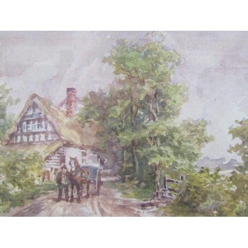 1207 - UNSIGNED 19C - HORSEMAN WITH HORSE AND CART LEAVING A COTTAGE, F/G WATERCOLOUR, 16CM X 26CM