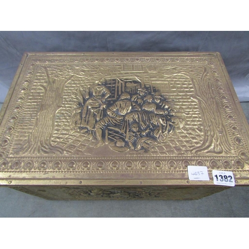 1382 - EMBOSSED FUEL BOX WITH BRASS ORNAMENTS, BOX 49CM H