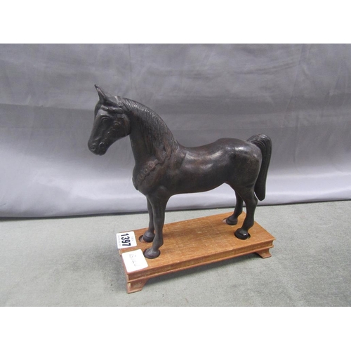 1397 - CAST BRONZED HORSE ON STAND, 22CM H