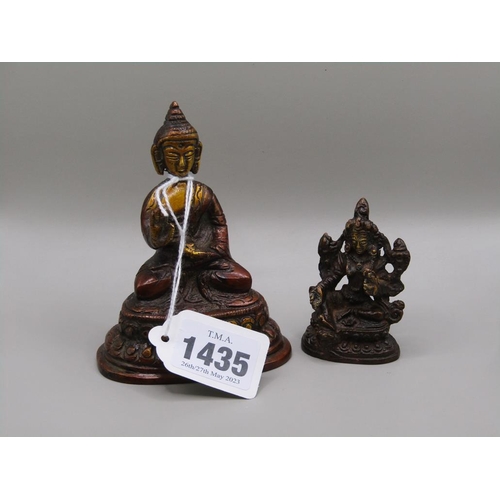 1435 - PATINATED BRONZE FIGURE OF A BUDDHA - 10cms H, TOGETHER WITH A SMALL HINDU BRONZE PATINATED FIGURE 5... 