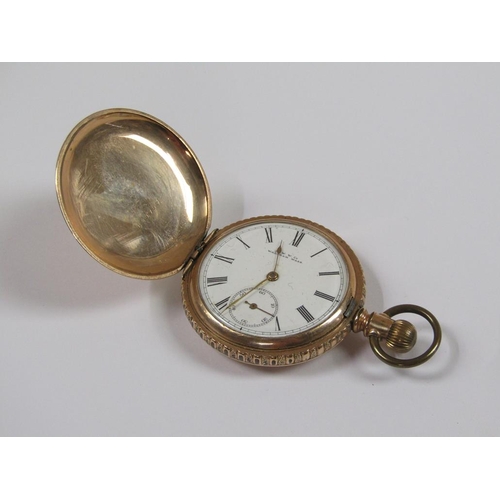 1446 - WALTHAM GOLD METAL CASED HUNTER POCKET WATCH WITH A ROSEWOOD WATCH STAND