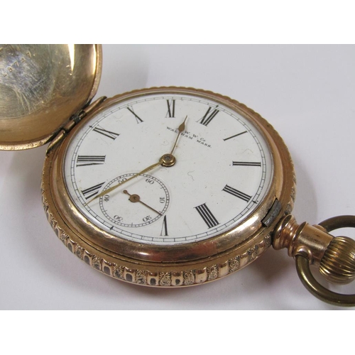 1446 - WALTHAM GOLD METAL CASED HUNTER POCKET WATCH WITH A ROSEWOOD WATCH STAND