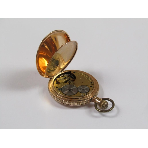 1446 - WALTHAM GOLD METAL CASED HUNTER POCKET WATCH WITH A ROSEWOOD WATCH STAND