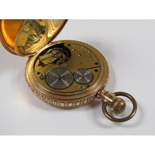 1446 - WALTHAM GOLD METAL CASED HUNTER POCKET WATCH WITH A ROSEWOOD WATCH STAND