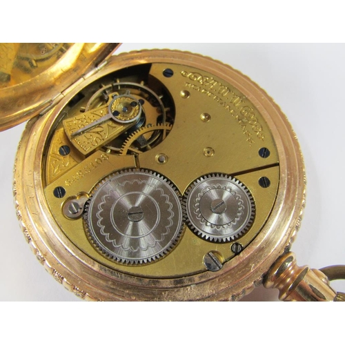 1446 - WALTHAM GOLD METAL CASED HUNTER POCKET WATCH WITH A ROSEWOOD WATCH STAND