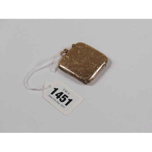 1451 - 9ct GOLD VESTA CASE WITH CHASED DECORATION, 22.4g