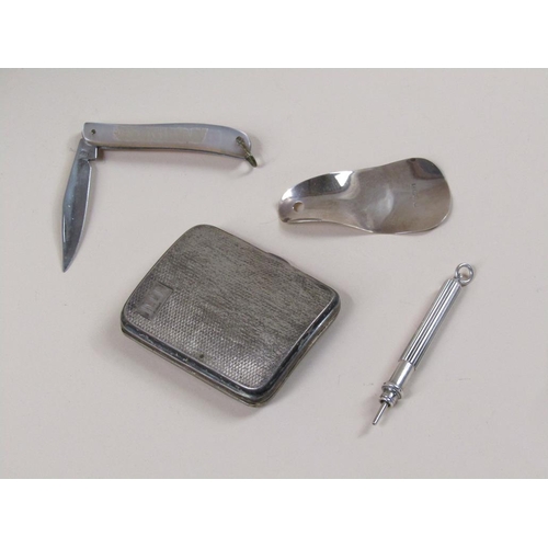 1465 - COLLECTION OF 3 ITEMS OF SILVER INC. CURVED CIGARETTE BOX, SHOEHORN AND PROPELLING PENCIL, TOGETHER ... 