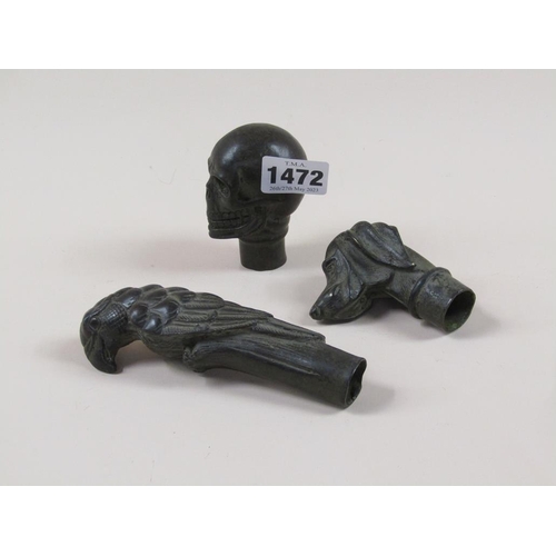 1472 - THREE CAST METAL STICK HANDLES, ONE SKULL, DOG HEAD, PARROT