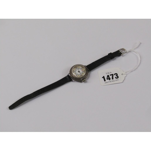 1473 - EARLY 20c SILVER CASED WATCH MOVEMENT ON LEATHER STRAP